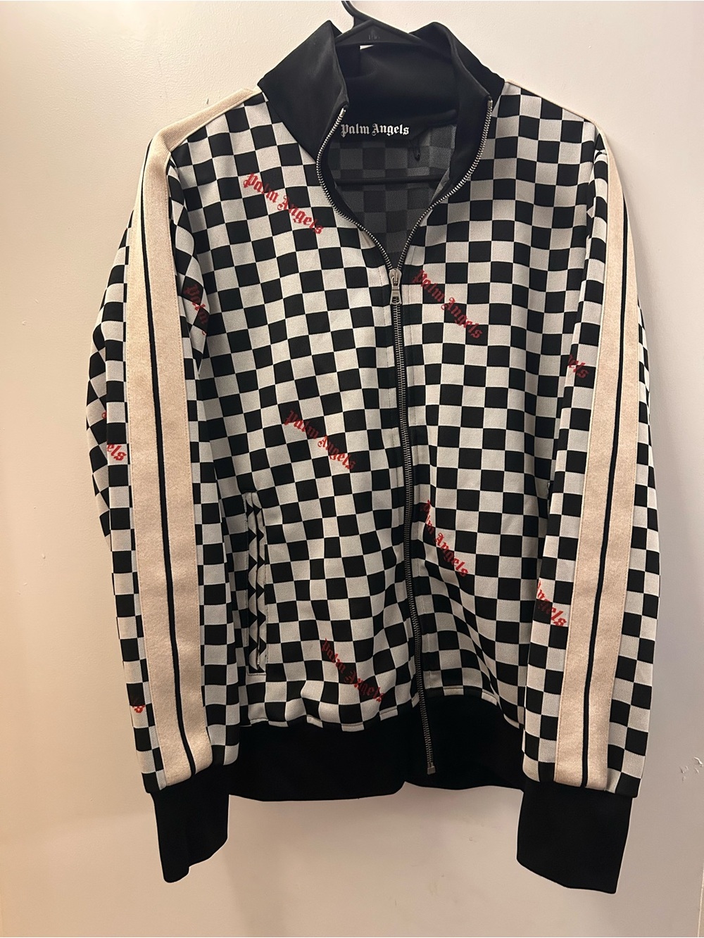 Palm Angels Black & White Checkerboard Track Jacket with Cream Stripes